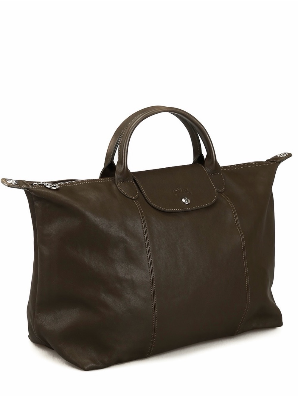 Longchamp Le Pliage Cuir Large Leather Top Handle Tote in Dark Brown